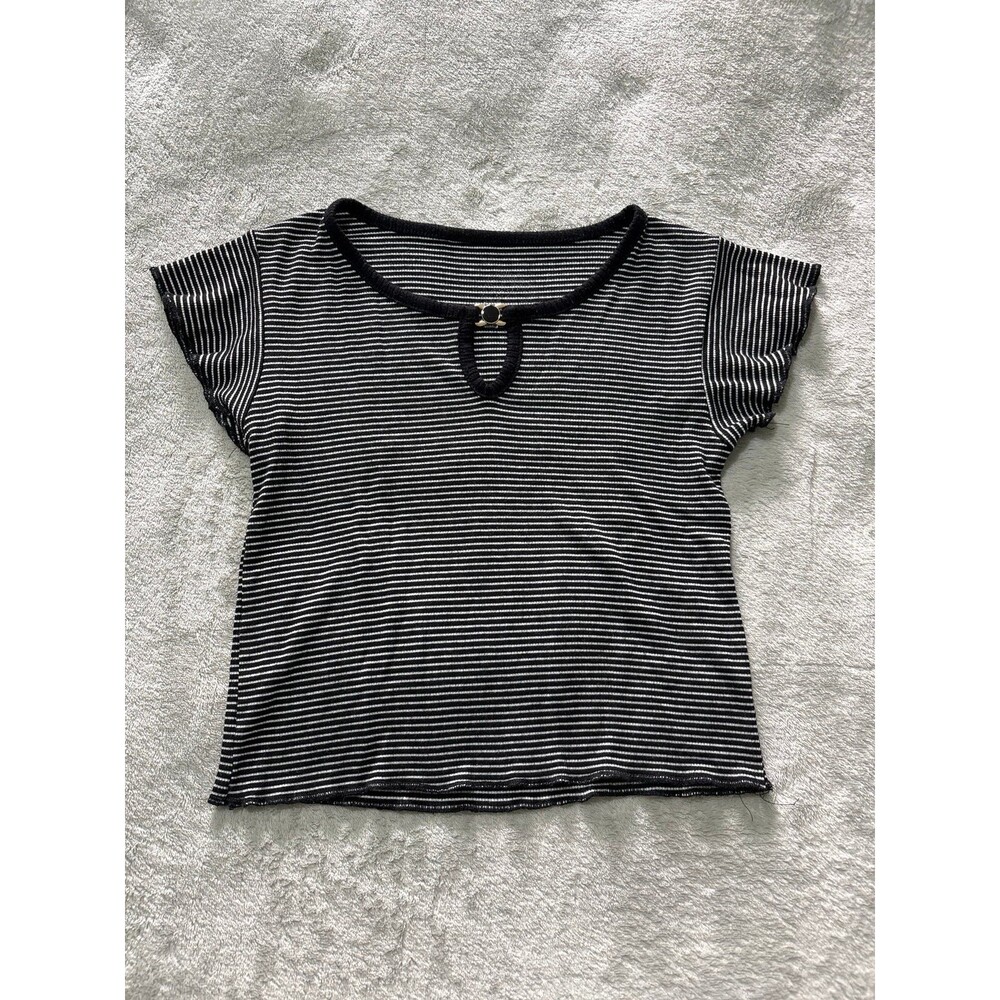 Top women's juniors black white stripe flutter tshirt sleeve ribbed crop tank